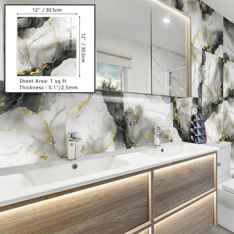 Bathroom with Marble Peel And Stick Backsplash Tiles 12x12 Inches Waterproof PVC Self Adhesive Wall Panels Metallic Gray installed