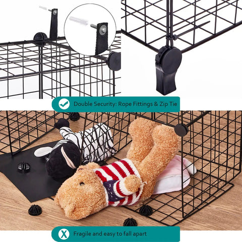 Close-up of 12 Cube Metal Wire Storage Organizer with grid panels secured by zip tie, showing toys inside, in black.