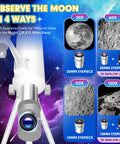 Beginner Friendly 80mm Refractor Telescope Kit for Adults and Kids, showing 4 lunar magnification levels with eyepieces.