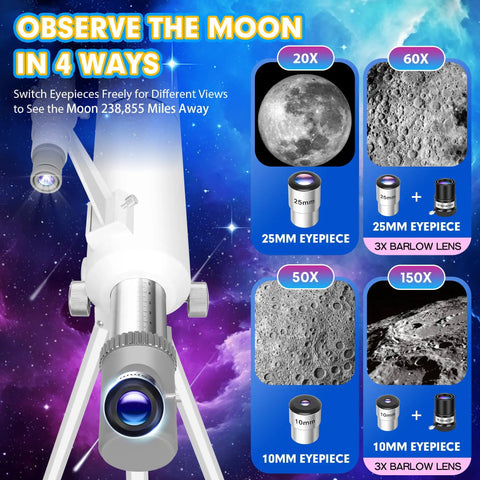 Beginner Friendly 80mm Refractor Telescope Kit for Adults and Kids, showing 4 lunar magnification levels with eyepieces.