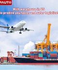 Airplane flying over shipping port with stacked containers and cargo ship