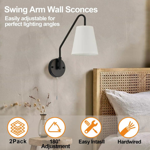 Hardwired Wall Sconces Set Of Two With 180 Degree Swing Arm Matte Black Dope Industrial Vintage Lighting White Fabric Shade