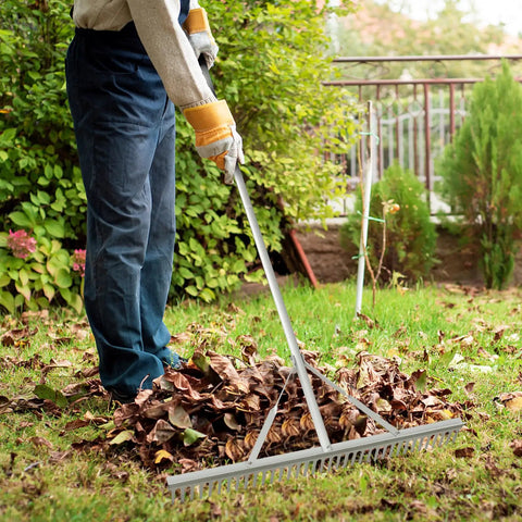 Person using a 36 Inch Aluminum Landscape Rake With 36 Tines And 68 Inch Non Slip Handle For Easy Soil Loosening And Leveling Backyard Yard Rake Tool For Leaves Lawn Care Garden Cleanup And Beach Maintenance