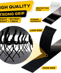 Heavy Duty Hook And Loop Tape Roll With Super Sticky Adhesive Backing Badass Industrial Fastening Strips That Cling Like Crazy And Rip Clean In Black One Inch showing loop and hook sides, 30ft length, 1in width.