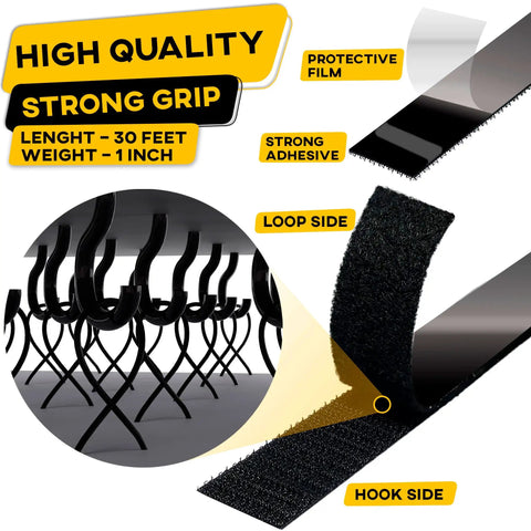 Heavy Duty Hook And Loop Tape Roll With Super Sticky Adhesive Backing Badass Industrial Fastening Strips That Cling Like Crazy And Rip Clean In Black One Inch showing loop and hook sides, 30ft length, 1in width.
