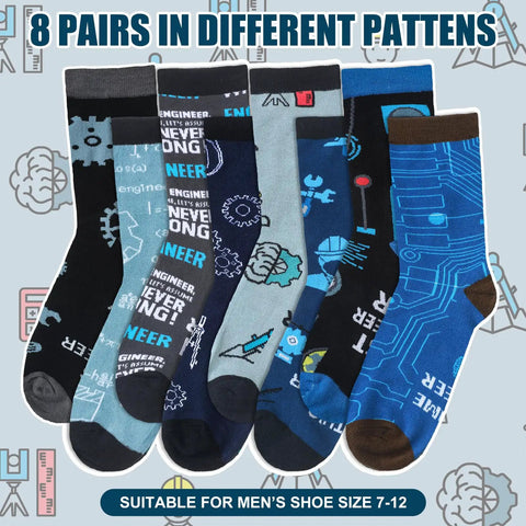 8 Pairs Engineer Socks For Men Novelty Mechanical Crew Socks Gift Set Cotton Comfort With Gear, Wrench, Protractor Designs