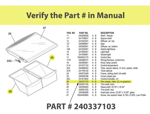 Diagram showing part number 240337103 for Super Handy Refrigerator Crisper Drawer Bin Replacement, including assembly details.