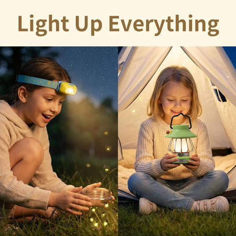 Children using Kid Friendly Motion Sensor Headlamp And Rechargeable Camping Lantern Set With Hands Free Wave Control for camping