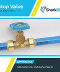 3/4 Inch Brass Push To Connect Stop Valve With Drain And Vent For PEX Copper CPVC PE-RT HDPE Plumbing Fittings displayed on pipe