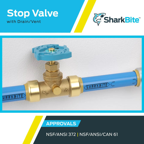 Half Inch Brass Push Stop Valve With Drain And Vent For PEX Copper CPVC PE-RT HDPE Plumbing Fittings installed on pipe