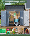 Heavy Duty Outdoor Trash Can Storage Shed With Bike Shed Design, Rugged Galvanized Steel Construction, open doors showcasing storage