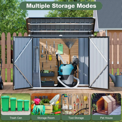 Heavy Duty Outdoor Trash Can Storage Shed With Bike Shed Design, Rugged Galvanized Steel Construction, open doors showcasing storage
