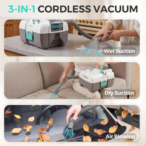 Badass 24V Cordless Wet And Dry Shop Vacuum With Two Gallon Bucket and Brushless Motor, shown in use for wet suction.