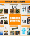 Various cool gadgets in the 252 Piece Survival Gear Kit With Compact First Aid Case Go-To Emergency Kit For Car Home And Travel MOLLE System Ready Pack Earthquake And Outdoor Adventure Prep Perfect Gift For Men Women Teens, including wire saw, carabiners, phone pouch, and more.