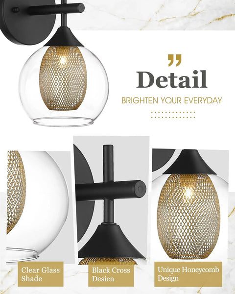 Black Wall Sconce Set Of 2 Dope Vanity Light Fixtures With Clear Glass Globes And Honeycomb Metal Shade detail view