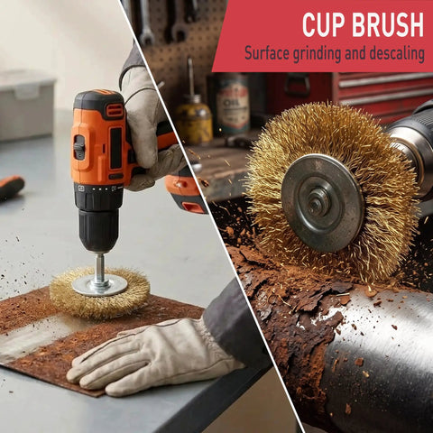 7-Pc Wire Brush Set With One Quarter Inch Hex Shank For Rust And Paint Stripping Featuring Durable Brass Coated Bristles in action removing rust.