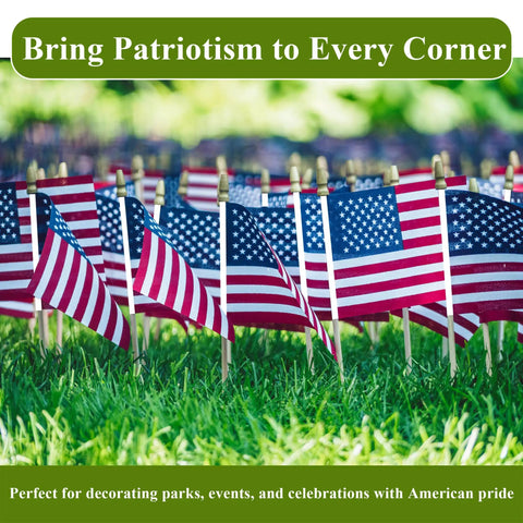 Bulk 100 Pack Handheld American Flags On Sticks 4x6 Inches For Memorial Day And Fourth Of July Decor in grass field