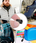 25 Pack Zipper Pull Tabs And Cord Ends For Shoelaces And Gear Fixes, black plastic ends shown on hiking shoes, backpack, and bags.