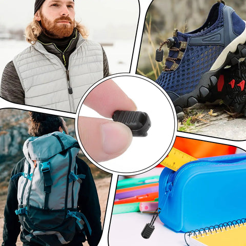 25 Pack Zipper Pull Tabs And Cord Ends For Shoelaces And Gear Fixes, black plastic ends shown on hiking shoes, backpack, and bags.