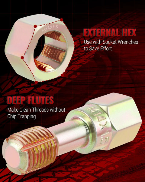 Reywoo thread chaser set: close-up of metal hex nut labeled M14x1.5 and a threaded bolt
