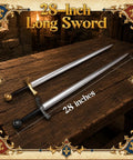 Two 28 Inch Foam Safety LARP Swords With Gold And Silver Colored Handles Non Sharp EVA Design For Safe Pretend Play Stage Battles And Cosplay Kid Friendly Prop Set Two Piece Battle Ready Sword Set on wooden table