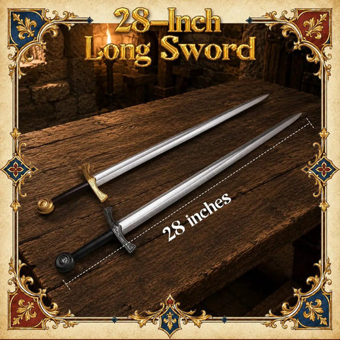 Two 28 Inch Foam Safety LARP Swords With Gold And Silver Colored Handles Non Sharp EVA Design For Safe Pretend Play Stage Battles And Cosplay Kid Friendly Prop Set Two Piece Battle Ready Sword Set on wooden table