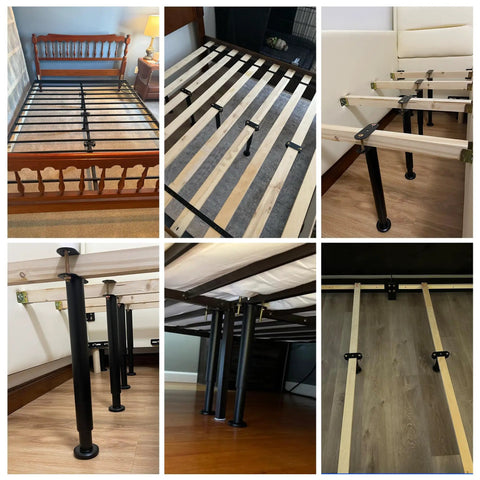 Solid As A Rock Adjustable Metal Bed Support Legs 4 Pack Heavy Duty Center Pillars for king and queen frames with black metal base.