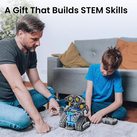 STEM 5 In 1 Robot Building Kit With Remote Control For Kids Ages 8 To 14 A Do It Yourself Programmable Engineering Toy That Totally Lets Boys And Girls Build Code And Conquer Hands On Learning And Fun, father and son building robot