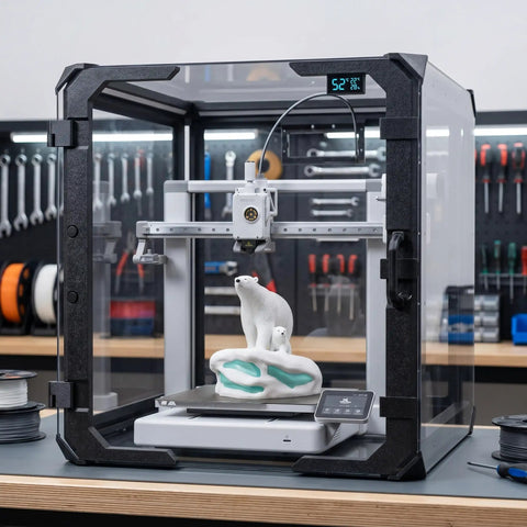 Rock Solid 24 Inch Clear Acrylic 3D Printer Enclosure With Integrated Bright Led Lighting And Digital Climate Gauge showing a 3D printed polar bear.