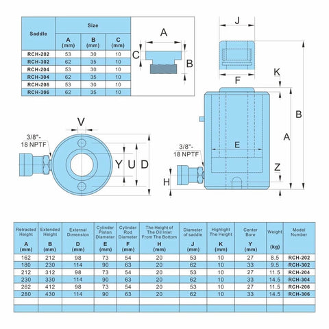 Technical diagram of Beefy 30 Ton Hollow Hydraulic Cylinder Jack specifications and dimensions.