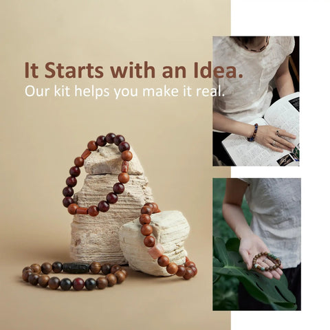Bracelet Making Kit With 296 Beads, 10mm Natural Wooden Beads With Letters And Stone Beads, 16 Color Options shown with made bracelets.