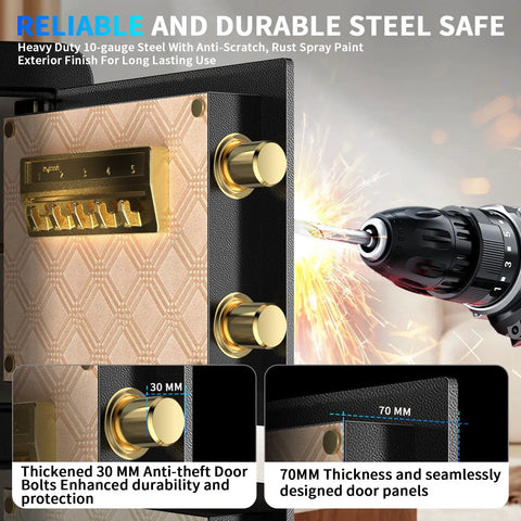 Close-up of 7.5 Cuft Large Fireproof Home Safe With Digital Keypad And Two Doors Hidden Compartment, featuring drill-proof steel door
