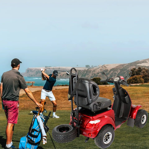 Badass Two In One Electric Golf Cart And Adult Mobility Scooter with wide tires near a golf player on course.