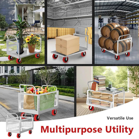Rugged Beefy Heavy Duty 5in1 Platform Truck With Steel Cage 40x24 Inch Industrial Hand Cart And Rolling Dolly Supporting 1800 Pounds For Everyday Hustle And Moving Jobs