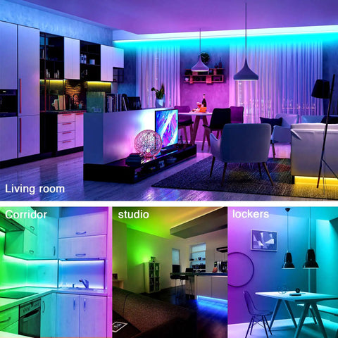 Lit 32.8 Foot RGB LED Strip Lights For Bedroom Color Changing Glow illuminating living room and various interior settings