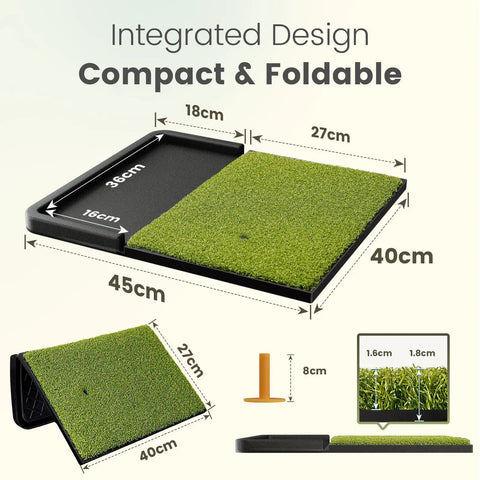 Patented All In One Pro Grade Golf Practice Mat With Built In Ball Tray dimensions shown, foldable design, anti-slip base.