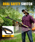 Man using 20 Inch Cordless Pole Hedge Trimmer Tool Only Battery Not Included Lightweight Telescoping Pole With 14.5 Ft Reach