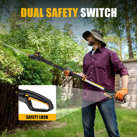 Man using 20 Inch Cordless Pole Hedge Trimmer Tool Only Battery Not Included Lightweight Telescoping Pole With 14.5 Ft Reach