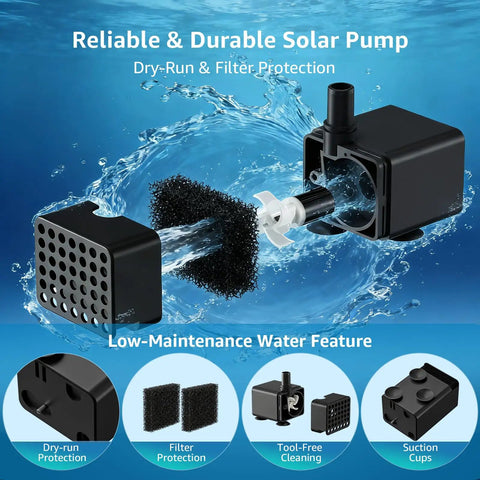 Solar Fountain Pump For Bird Bath And Small Pond Two Point Five Watt With Dry Run Protection Filter and Suction Cups