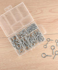 Open box displaying 100 Piece Eye Bolts And Eye Screws Hooks Set For Hanging Crafts DIY Projects Assorted 5 Sizes M2.5 M3 M4