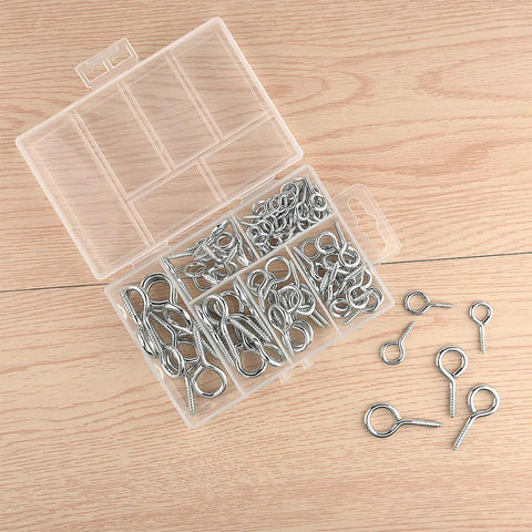 Open box displaying 100 Piece Eye Bolts And Eye Screws Hooks Set For Hanging Crafts DIY Projects Assorted 5 Sizes M2.5 M3 M4