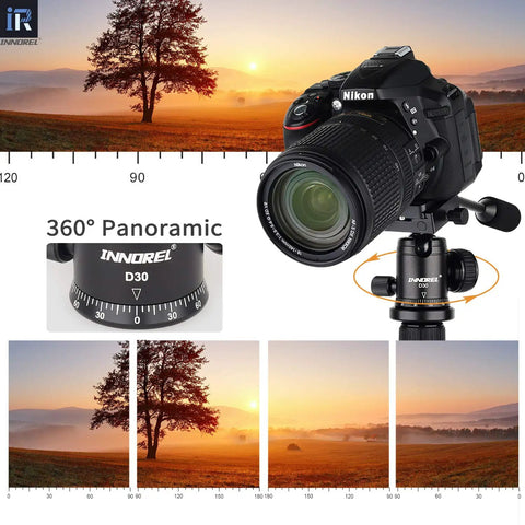 D30 Panoramic Ball Head with removable handle, mounted on camera, showcasing 360° rotation feature with sunrise landscape