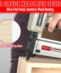 23 Gauge headless nail gun in use with wood, showing virtually invisible tiny holes, 7200 Piece 23 Gauge Pin Nails In Six Assorted Lengths For Pneumatic Tools Hella Versatile Fine Finish Staples Straight Up Perfect For Woodworking Projects And Trim Installation Every Day.