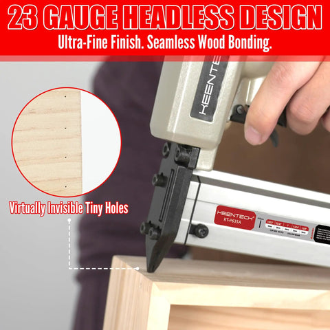 23 Gauge headless nail gun in use with wood, showing virtually invisible tiny holes, 7200 Piece 23 Gauge Pin Nails In Six Assorted Lengths For Pneumatic Tools Hella Versatile Fine Finish Staples Straight Up Perfect For Woodworking Projects And Trim Installation Every Day.