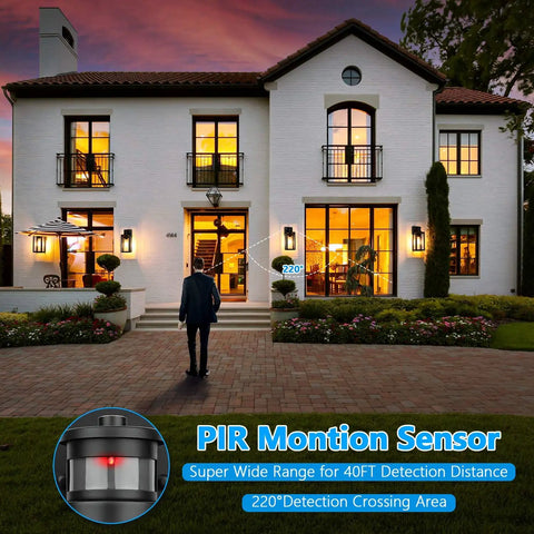 2-Pack Motion Sensor Outdoor Wall Lights Upgraded Dusk to Dawn Exterior Lantern Sconces with Seeded Glass Black Finish for Front Door Entryway Porch Garage Outside Lighting