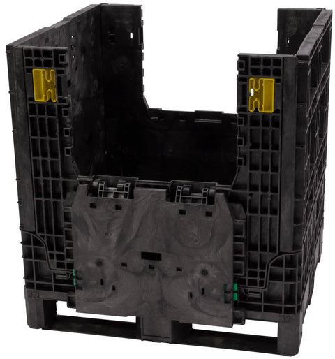 Rugged Collapsible Bulk Storage Container Featuring Four Way Forklift Access And Two Drop Doors Standard Duty Stacking Pallet Box With One Thousand Seven Hundred Pound Capacity, shown from the side.