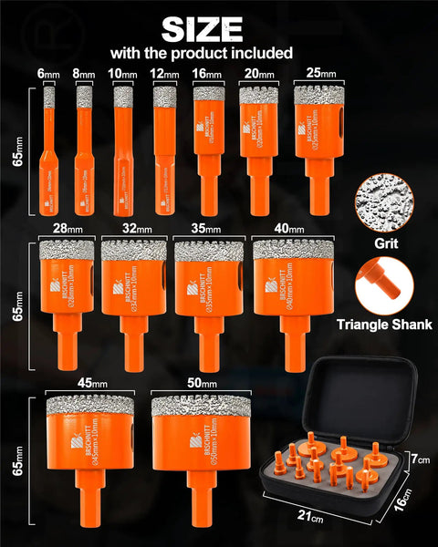 High Octane Diamond Core Drill Bit Set 13 Piece Hole Saw Kit includes various sizes from 6mm to 50mm with diamond tips.