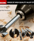 Pro Grade 16 Piece Forstner Drill Bits Set Featuring Tough As Nails Alloy Steel Round Shank Bits For Quick Chip Removal And Slick Hardwood Drilling Projects, close-up of bits on wood shavings.