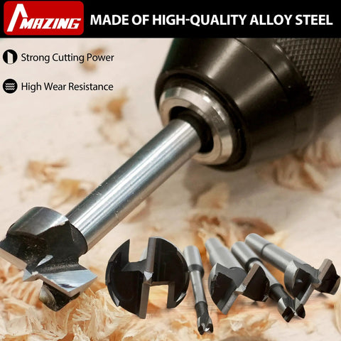 Pro Grade 16 Piece Forstner Drill Bits Set Featuring Tough As Nails Alloy Steel Round Shank Bits For Quick Chip Removal And Slick Hardwood Drilling Projects, close-up of bits on wood shavings.