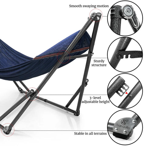 Two Person Hammock With Stand Foldable Outdoor Hammock Set 600 lb capacity shown with blue 2-layer net and adjustable stand details